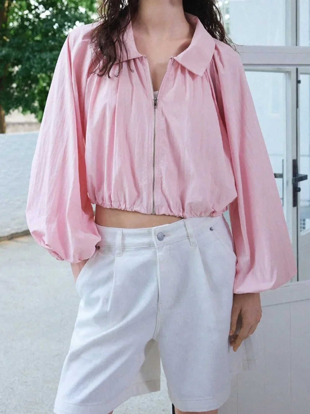 Pink Casual Women's Zip-Up Pleated Versatile Lightweight Jacket